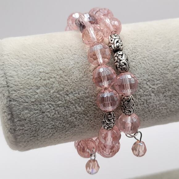 Vintage Pink Crystal Beaded Memory Wire Bracelet or Choker Necklace – 15 Inch - Picture 3 of 9